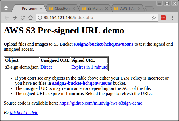 The demo lists S3 objects with unsigned and signed download links